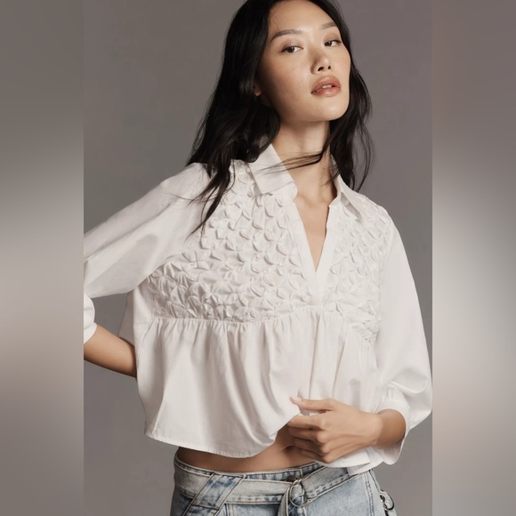 Anthropologie Tops - Maeve Smocked Babydoll Top Medium White Poplin Puff Sleeve Feminine Chic